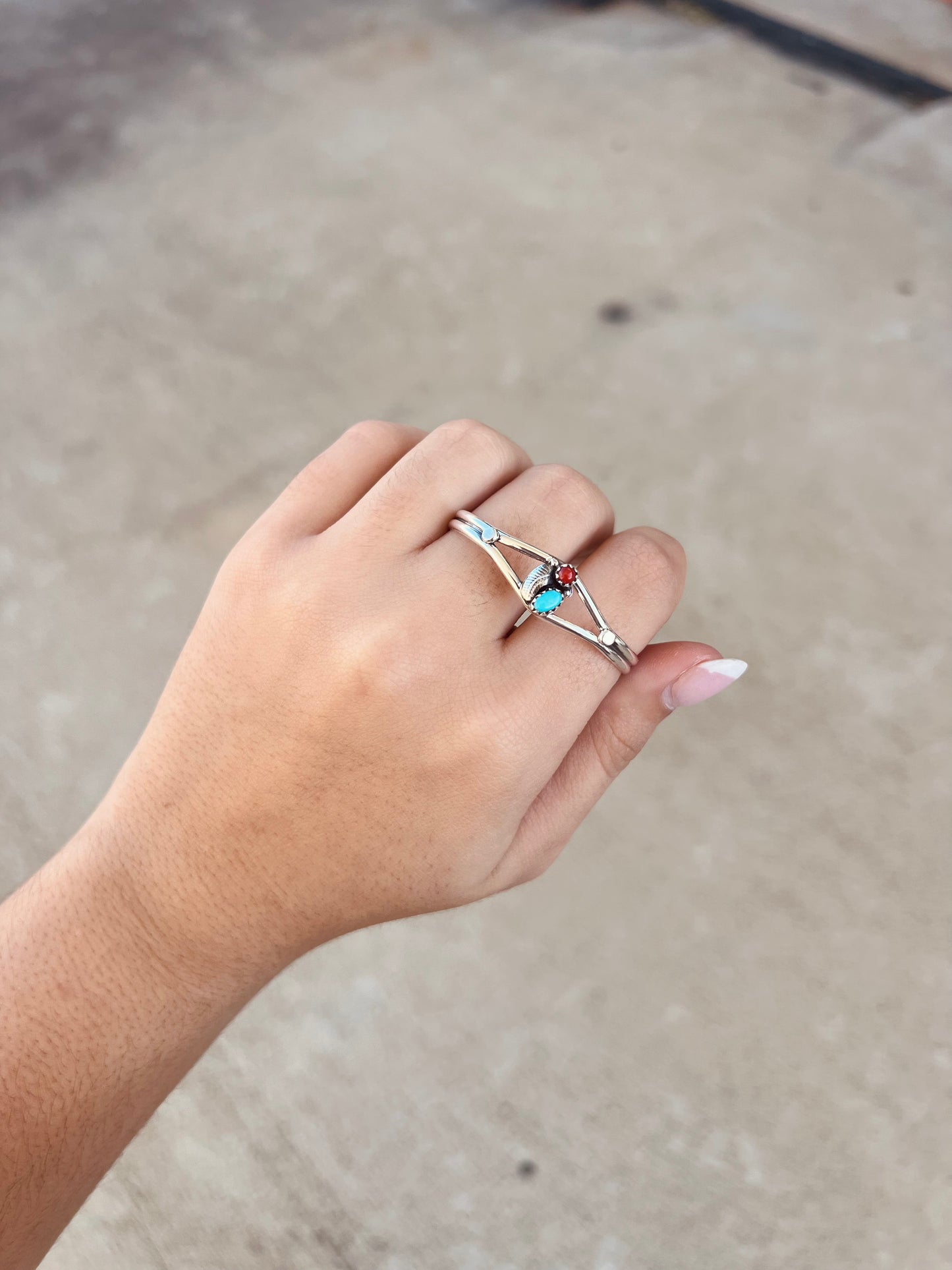 Baby Bracelet Genuine Turquoise and Coral Leaf Sterling Silver Cuff