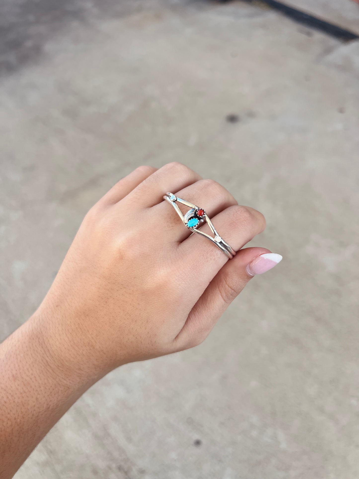 Baby Bracelet Genuine Turquoise and Coral Leaf Sterling Silver Cuff