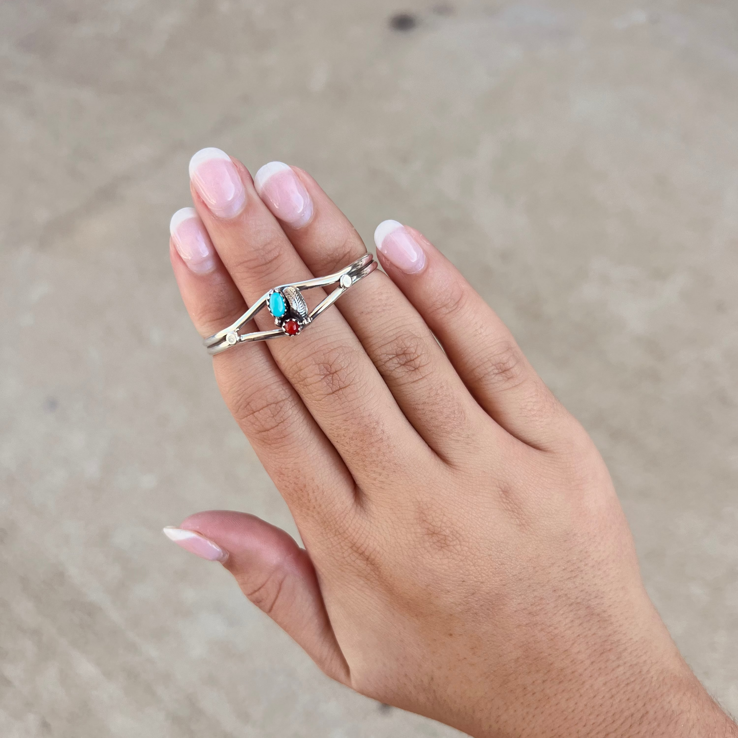 Baby Bracelet Genuine Turquoise and Coral Leaf Sterling Silver Cuff