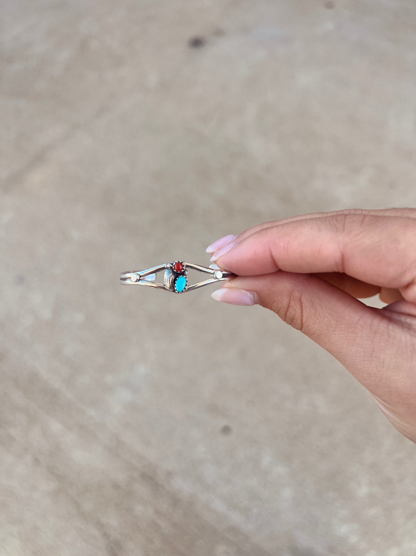 Baby Bracelet Genuine Turquoise and Coral Leaf Sterling Silver Cuff