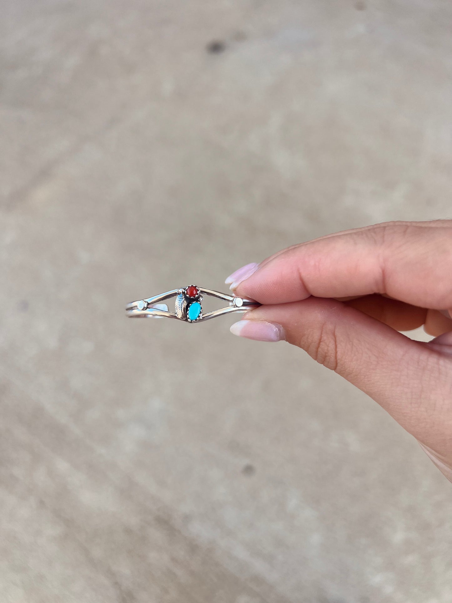 Baby Bracelet Genuine Turquoise and Coral Leaf Sterling Silver Cuff