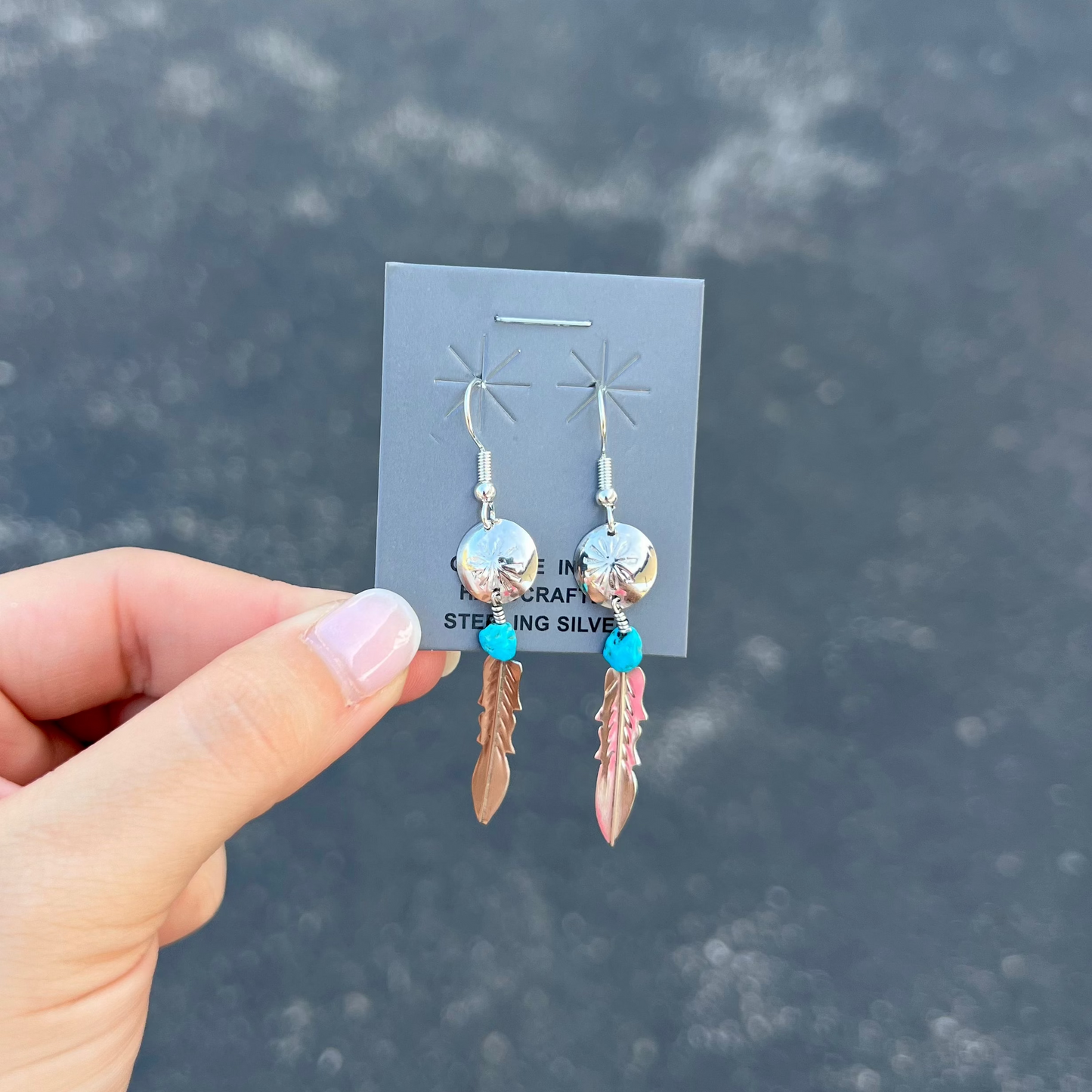 Genuine Turquoise Stamped Button Feather Dangle Earrings