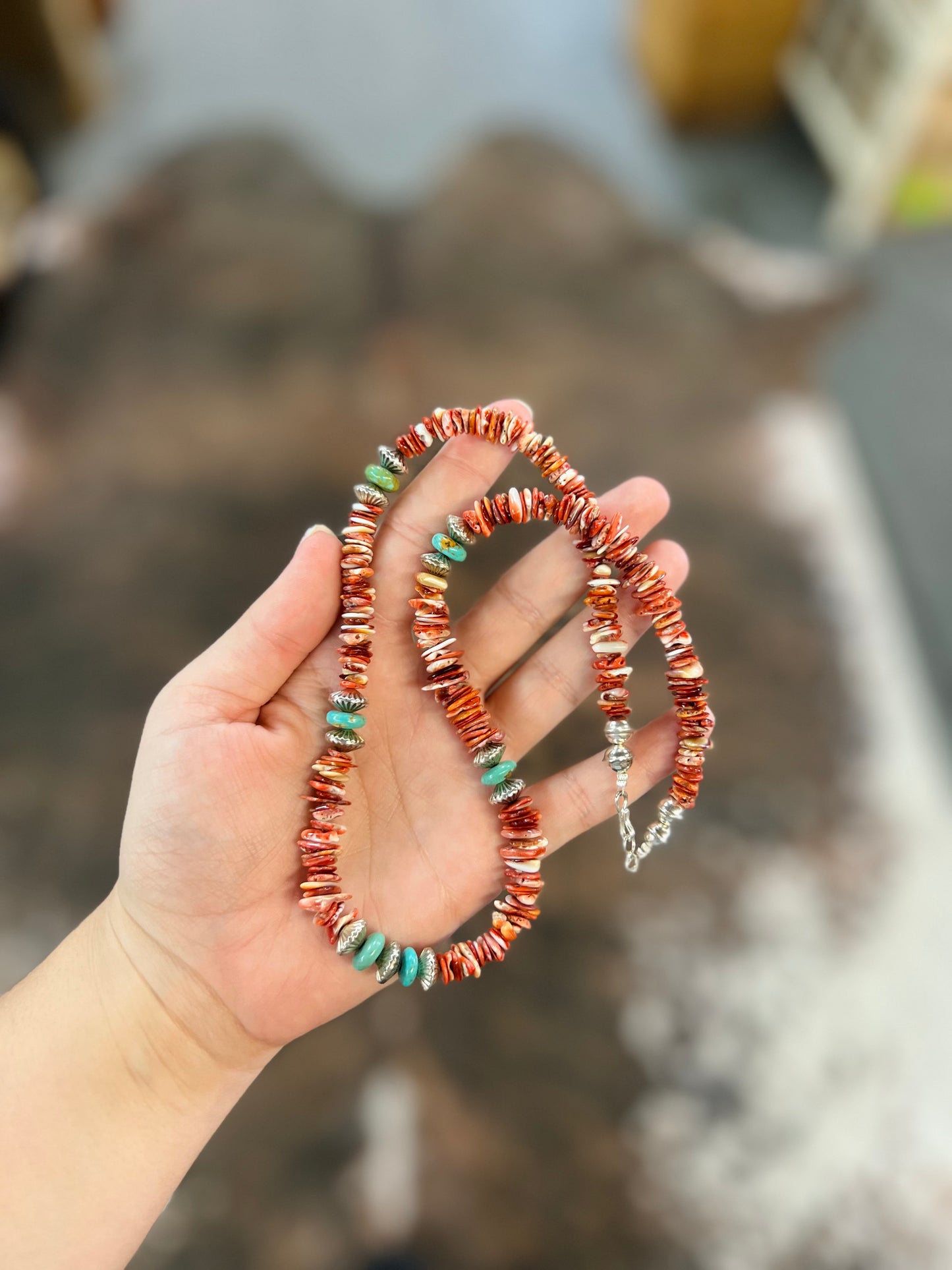 Genuine Turquoise and Spiny Oyster Sterling Silver Necklace