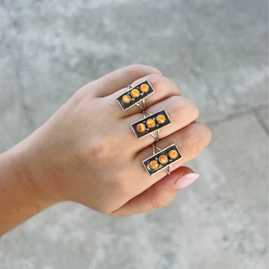3 Stone Orange Spiny Oyster Sterling Silver Bar Ring