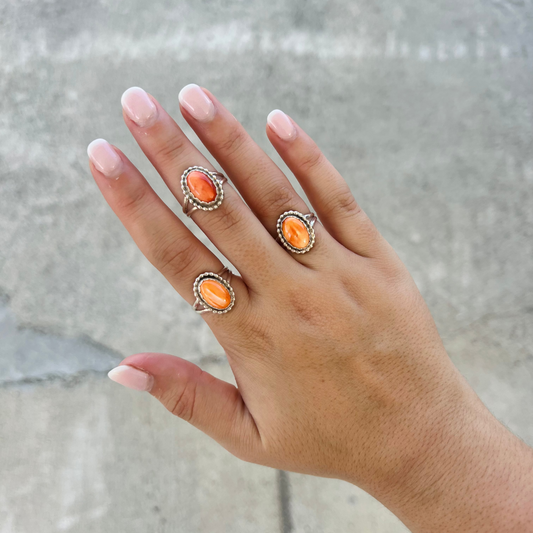 Beaded Oval Orange Spiny Oyster Sterling Silver Ring