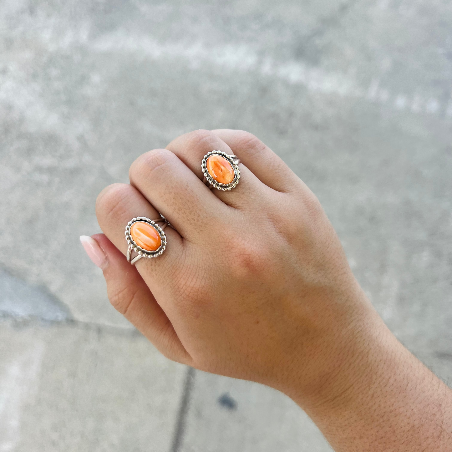Beaded Oval Orange Spiny Oyster Sterling Silver Ring