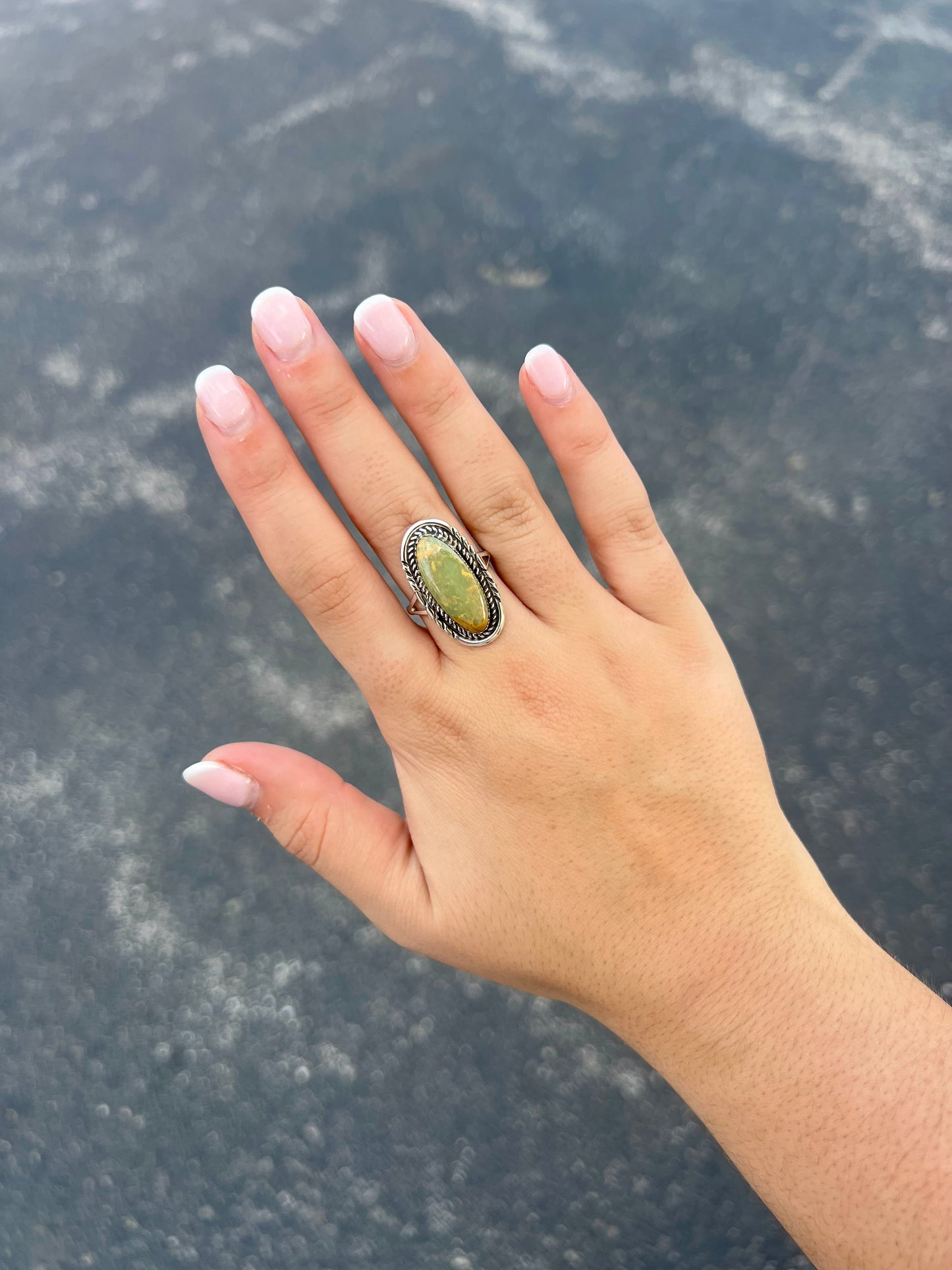 Oval Kingman Turquoise Ring with Stamped Border