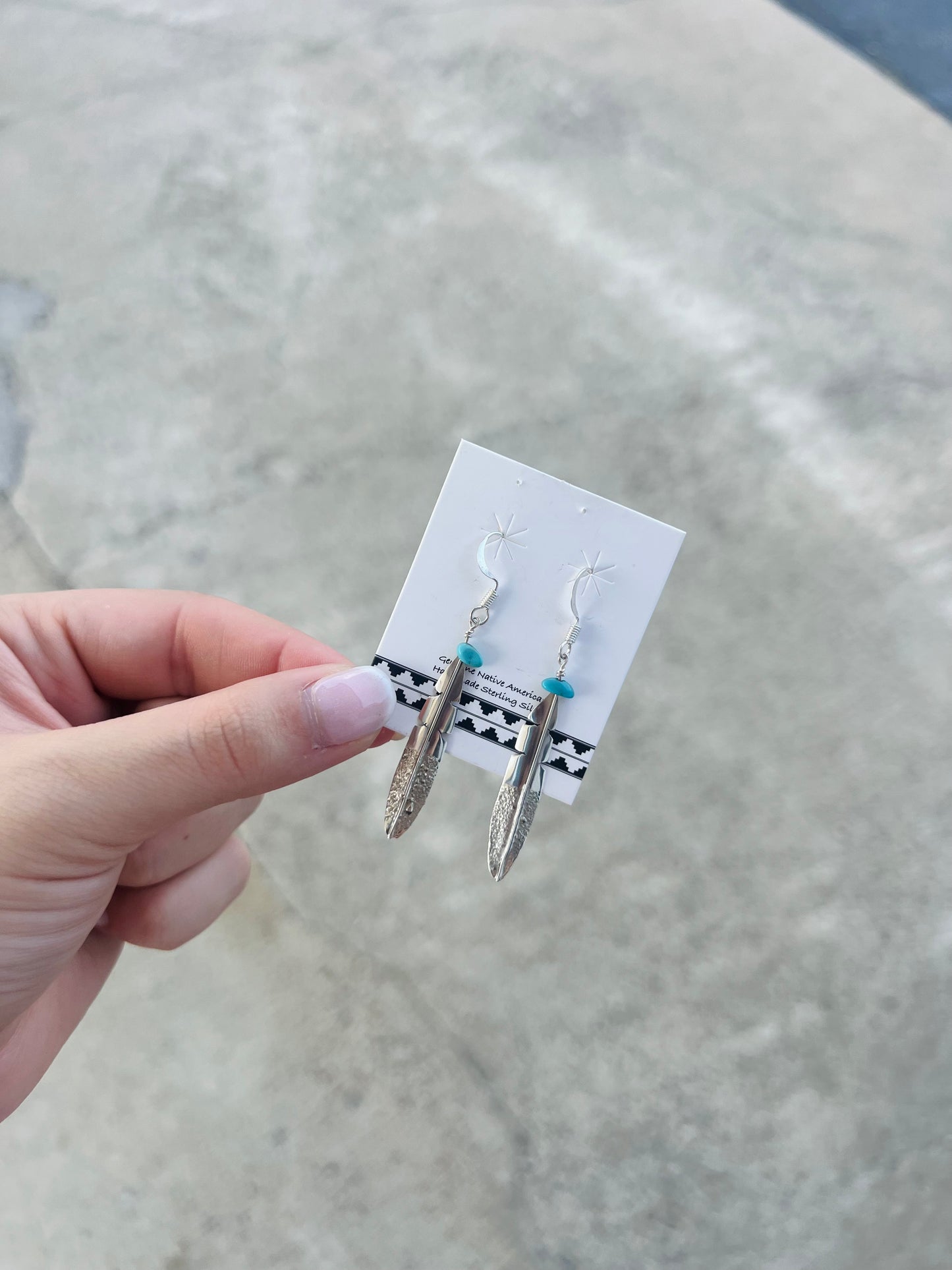 Sterling Silver Long Feather Earrings with Turquoise Nugget