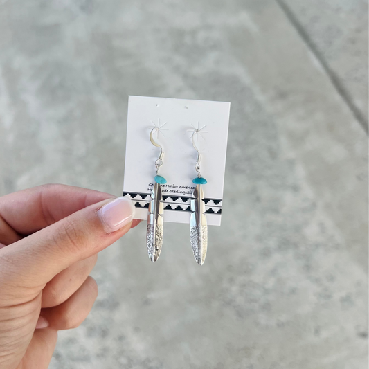 Sterling Silver Long Feather Earrings with Turquoise Nugget