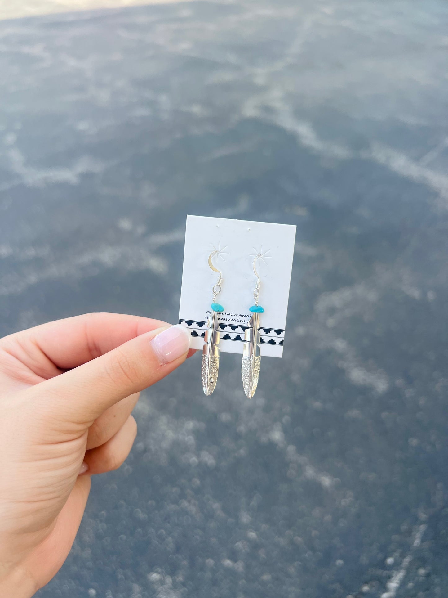 Sterling Silver Long Feather Earrings with Turquoise Nugget