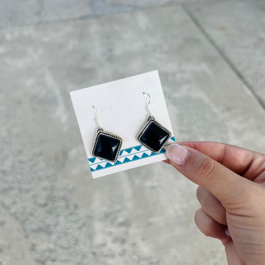 Sterling Silver Square Black Onyx Dangle Earrings