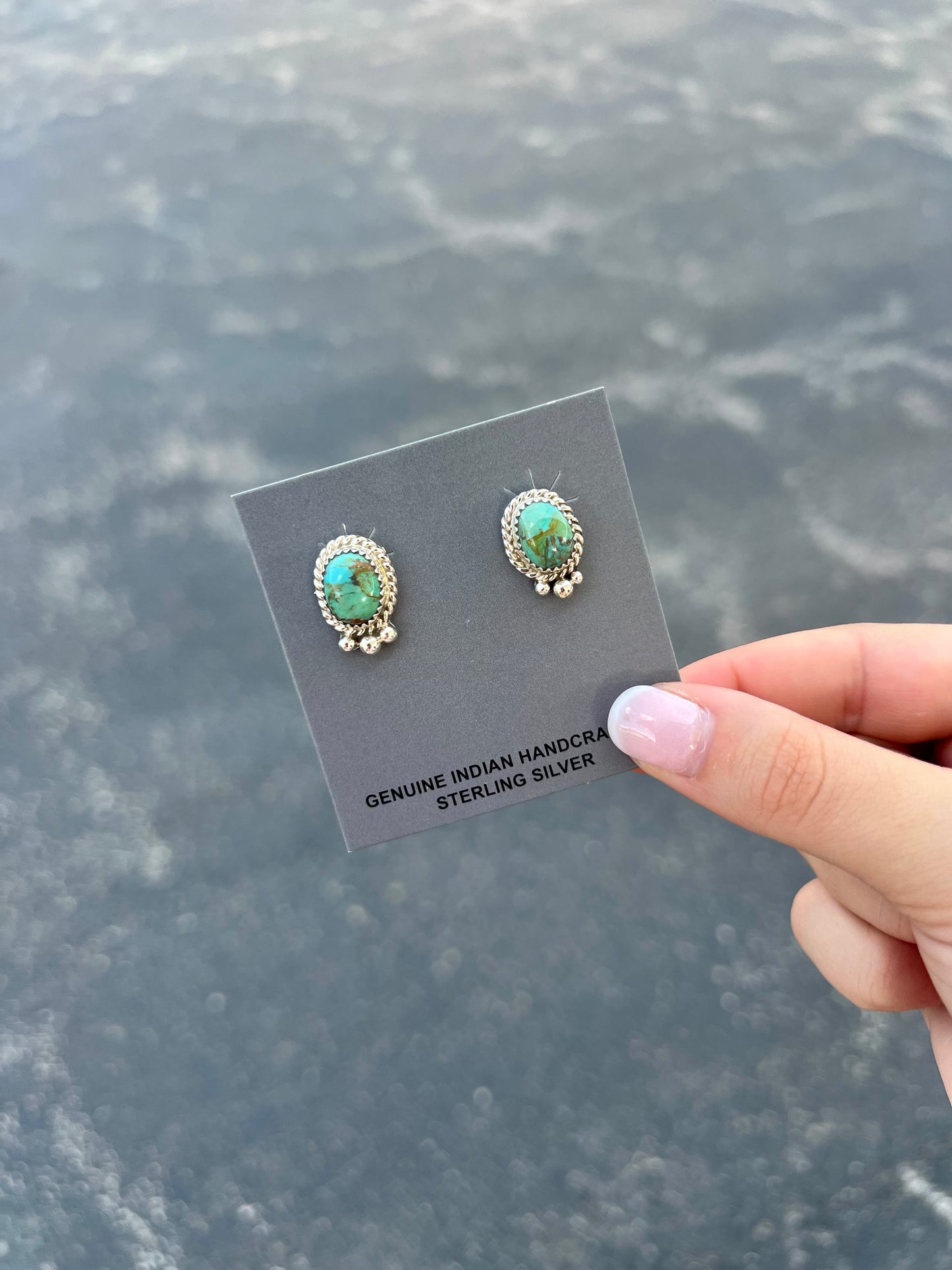 Genuine Green and Blue Turquoise Sterling Silver Stud Earrings