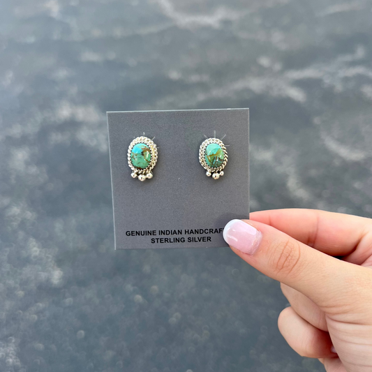 Genuine Green and Blue Turquoise Sterling Silver Stud Earrings