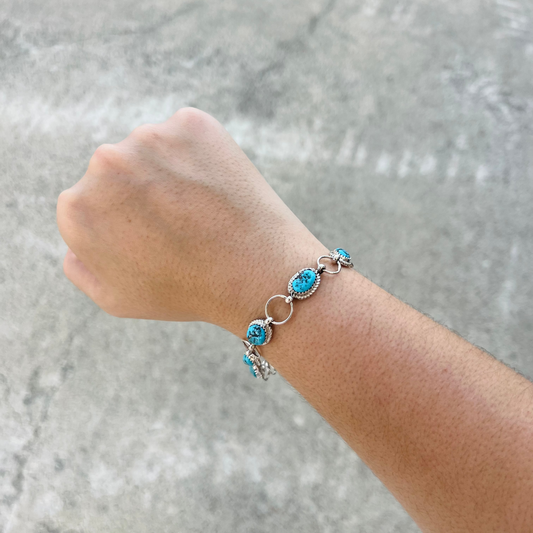 Authentic Kingman Turquoise 7 Stone Sterling Silver Link Bracelet
