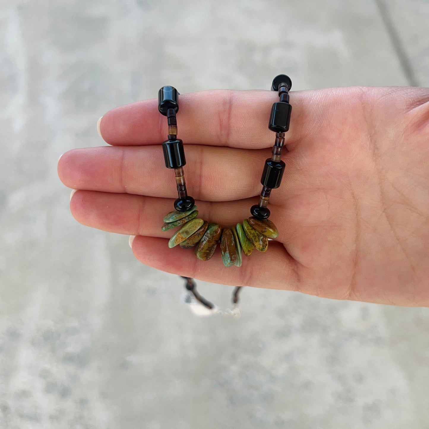 Genuine Green Kingman Turquoise, Black Onyx, Heishi Necklace