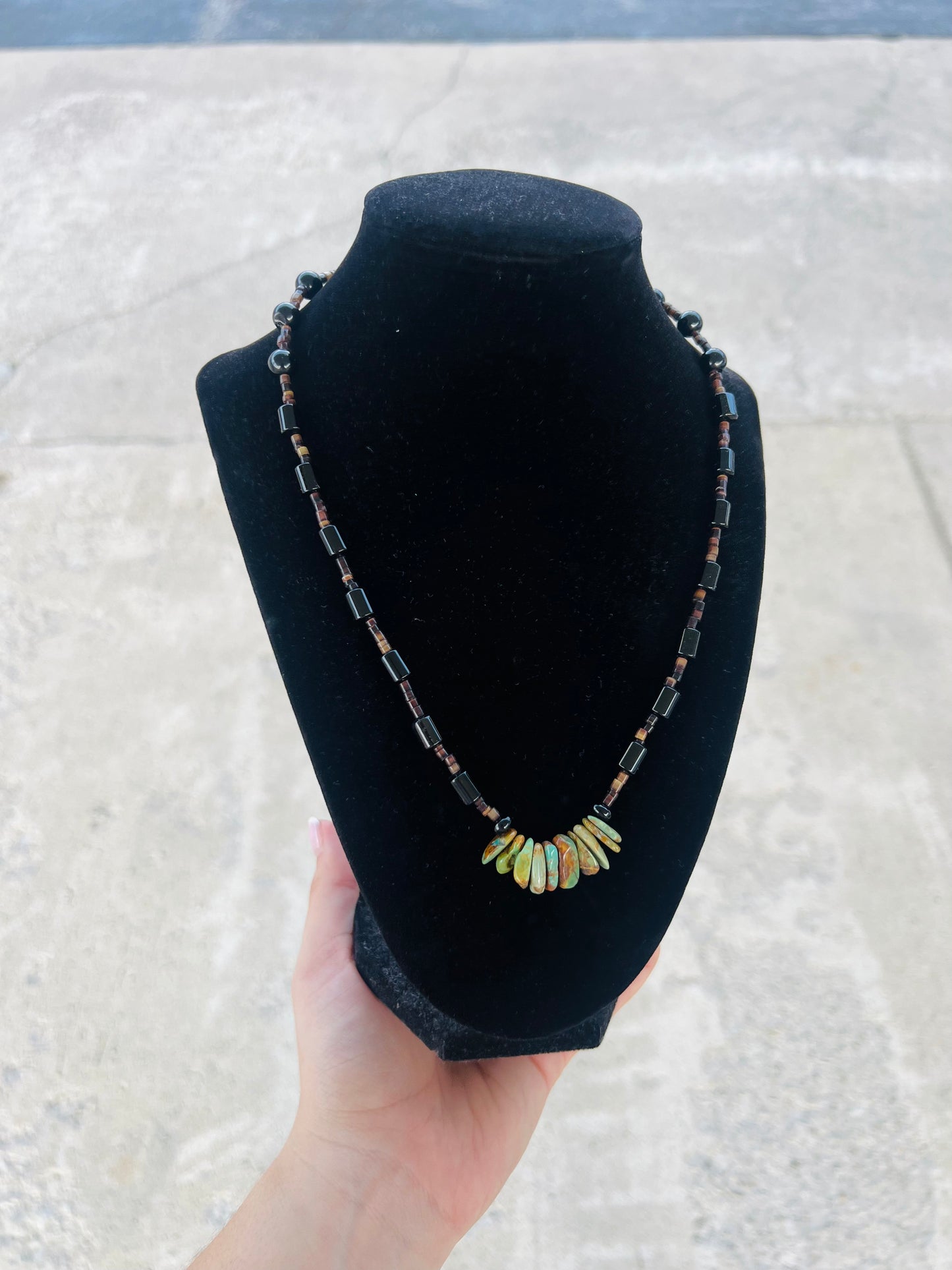 Genuine Green Kingman Turquoise, Black Onyx, Heishi Necklace