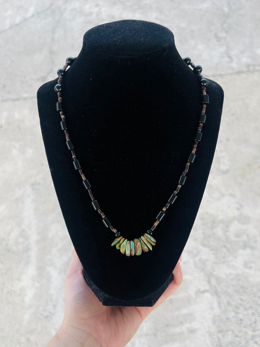 Genuine Green Kingman Turquoise, Black Onyx, Heishi Necklace