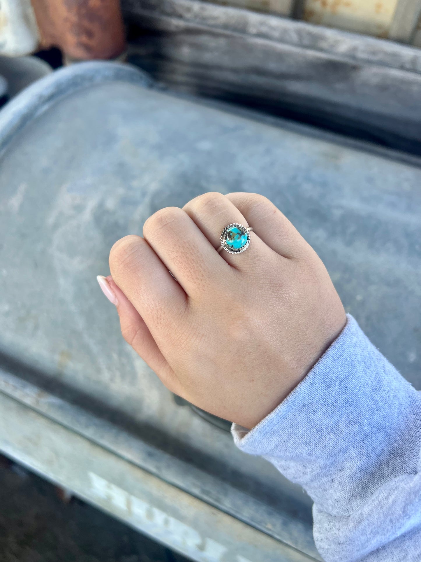 Genuine Turquoise Sterling Silver Round Ring
