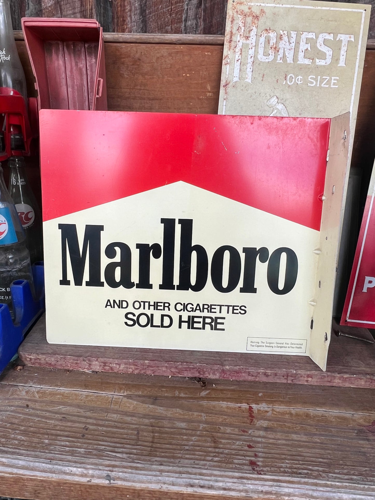 Vintage Marlboro Cigarette Metal Flange Red and White Sign