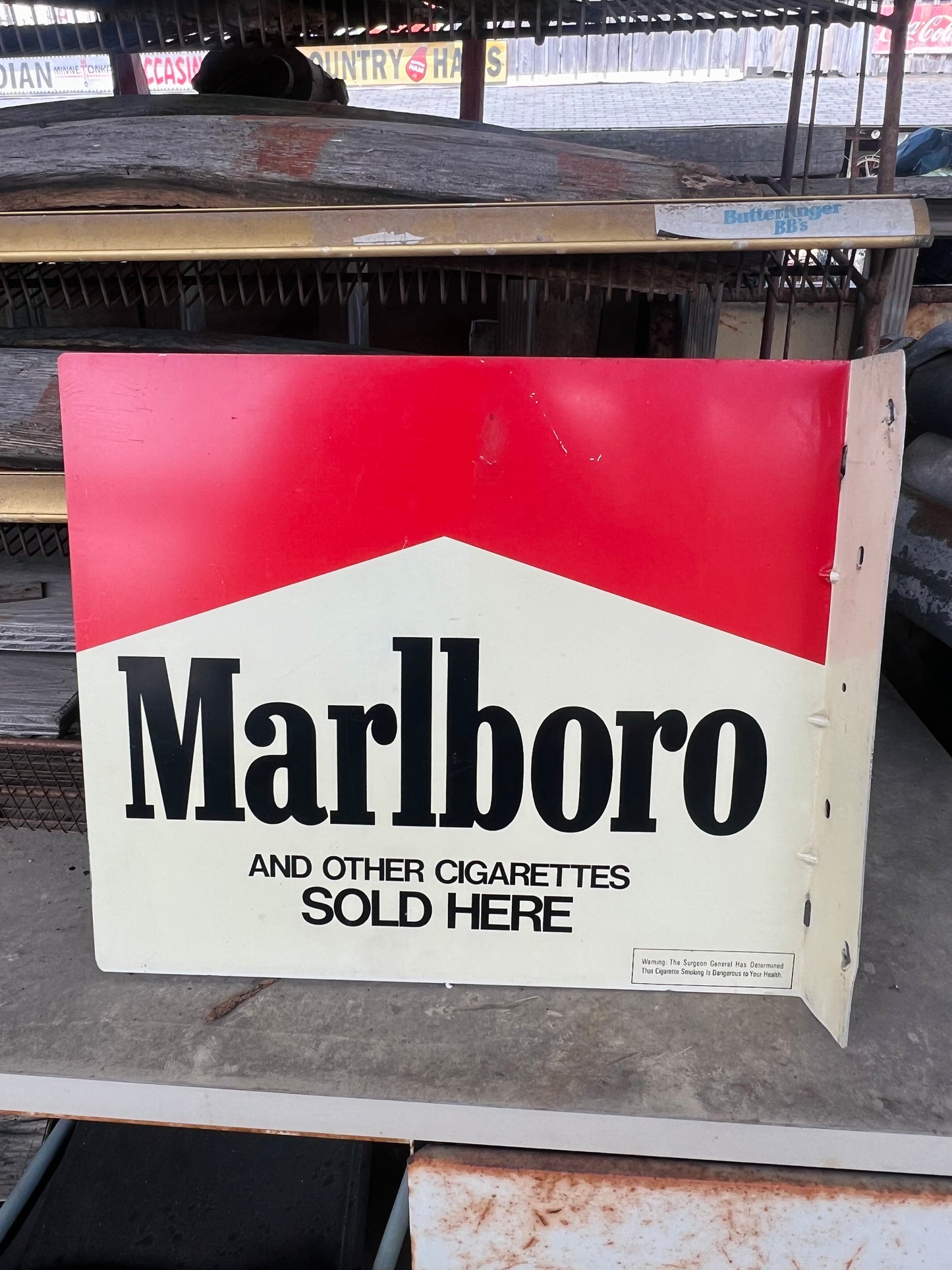 Vintage Marlboro Cigarette Metal Flange Red and White Sign