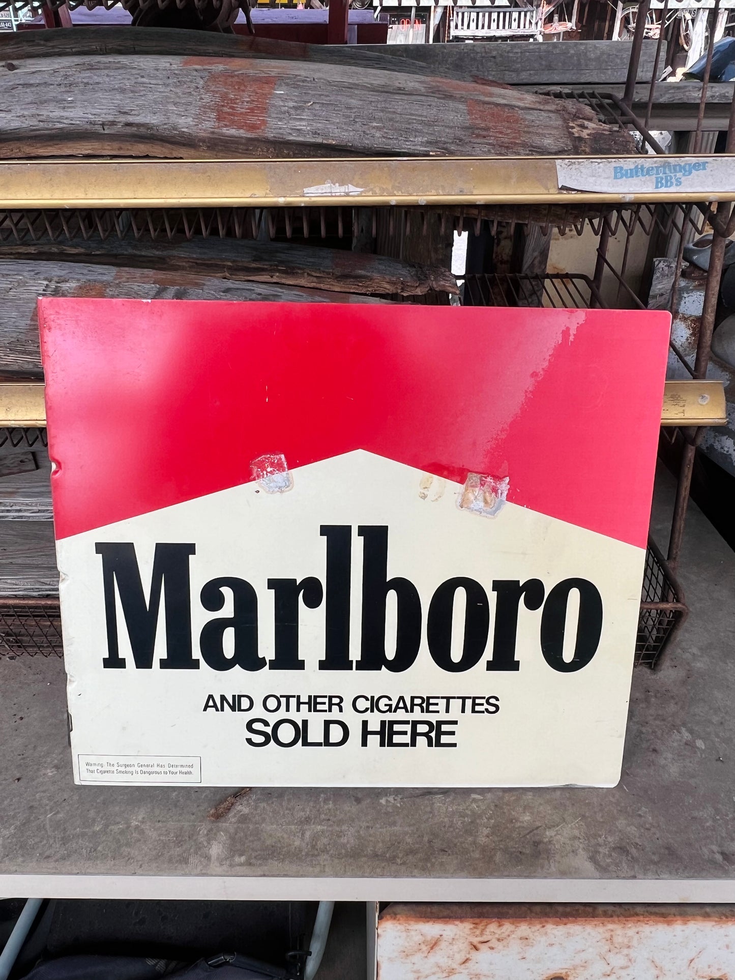 Vintage Marlboro Cigarette Metal Flange Red and White Sign