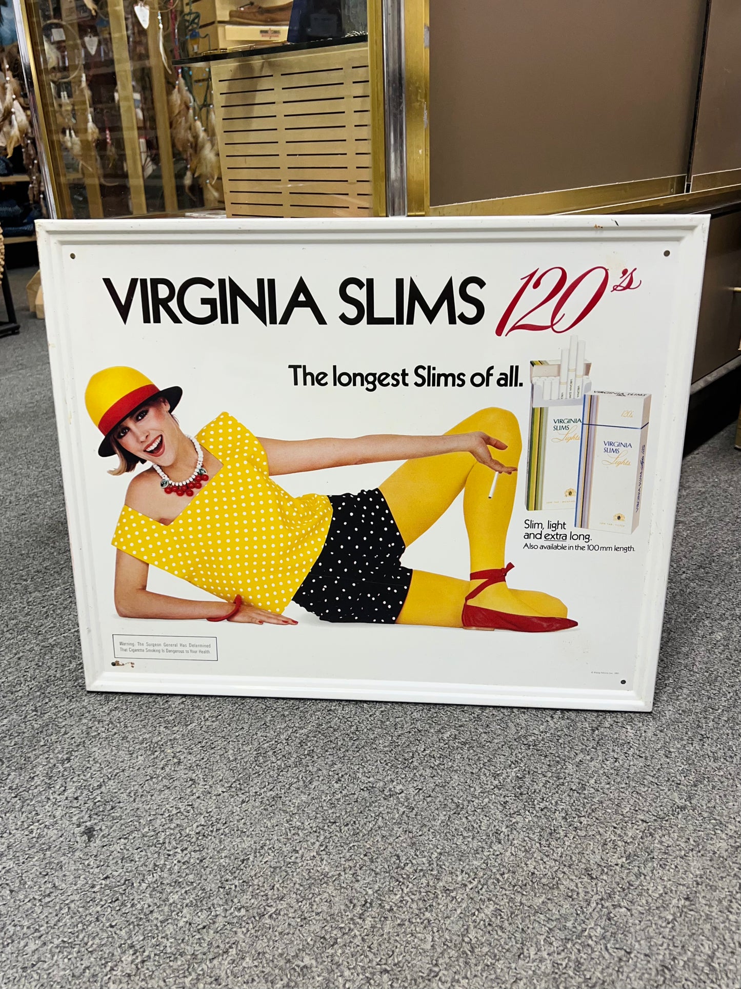 Vintage Virginia Slims 120's "The longest Slims of all." Embossed Sign