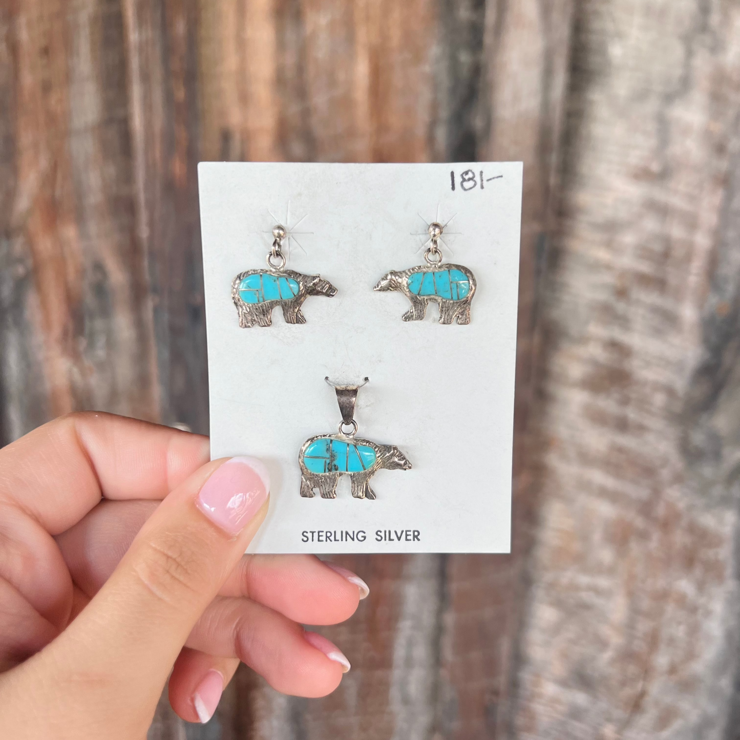 Vintage Genuine Turquoise and Sterling Silver Bear Earrings and Pendant Set