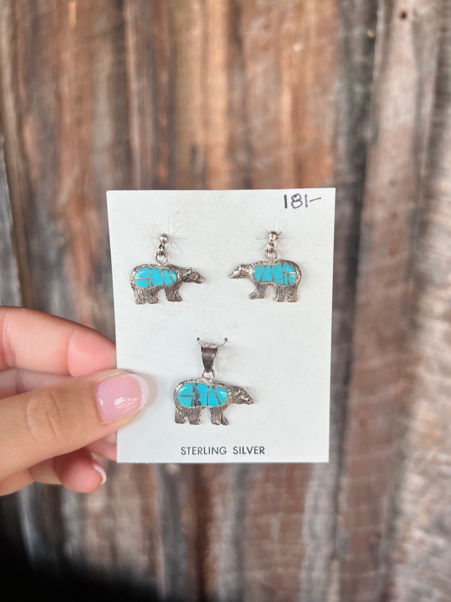 Vintage Genuine Turquoise and Sterling Silver Bear Earrings and Pendant Set