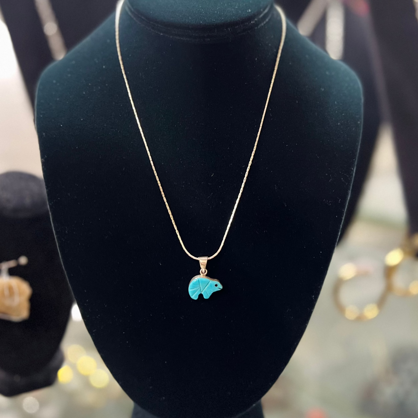 Genuine Turquoise and Sterling Silver Bear Inlay Necklace Vintage