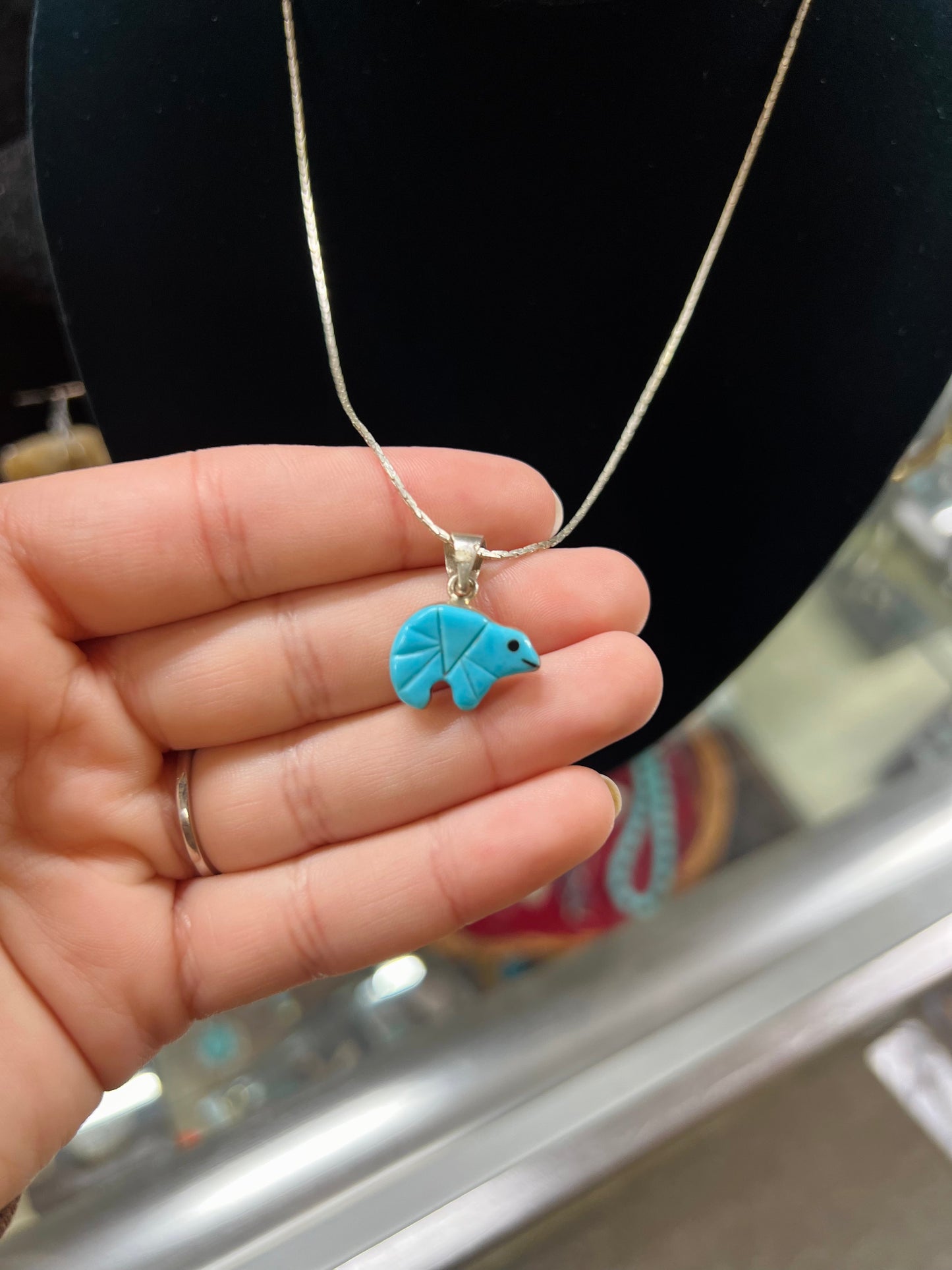 Genuine Turquoise and Sterling Silver Bear Inlay Necklace Vintage