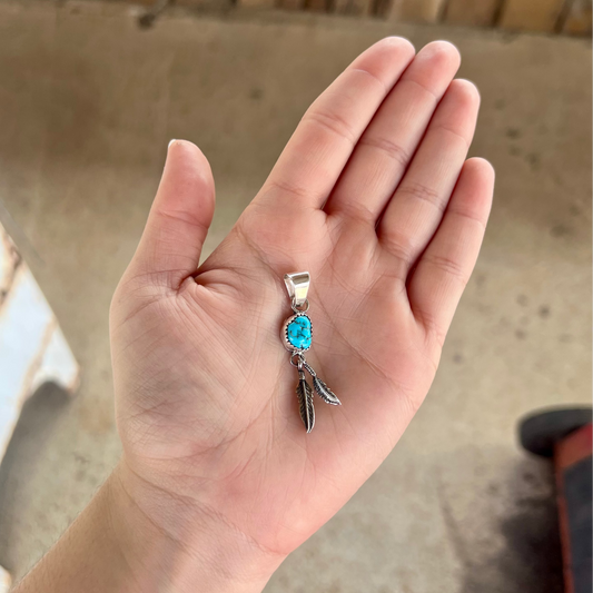 Kingman Turquoise Sterling Silver Double Feather Pendant