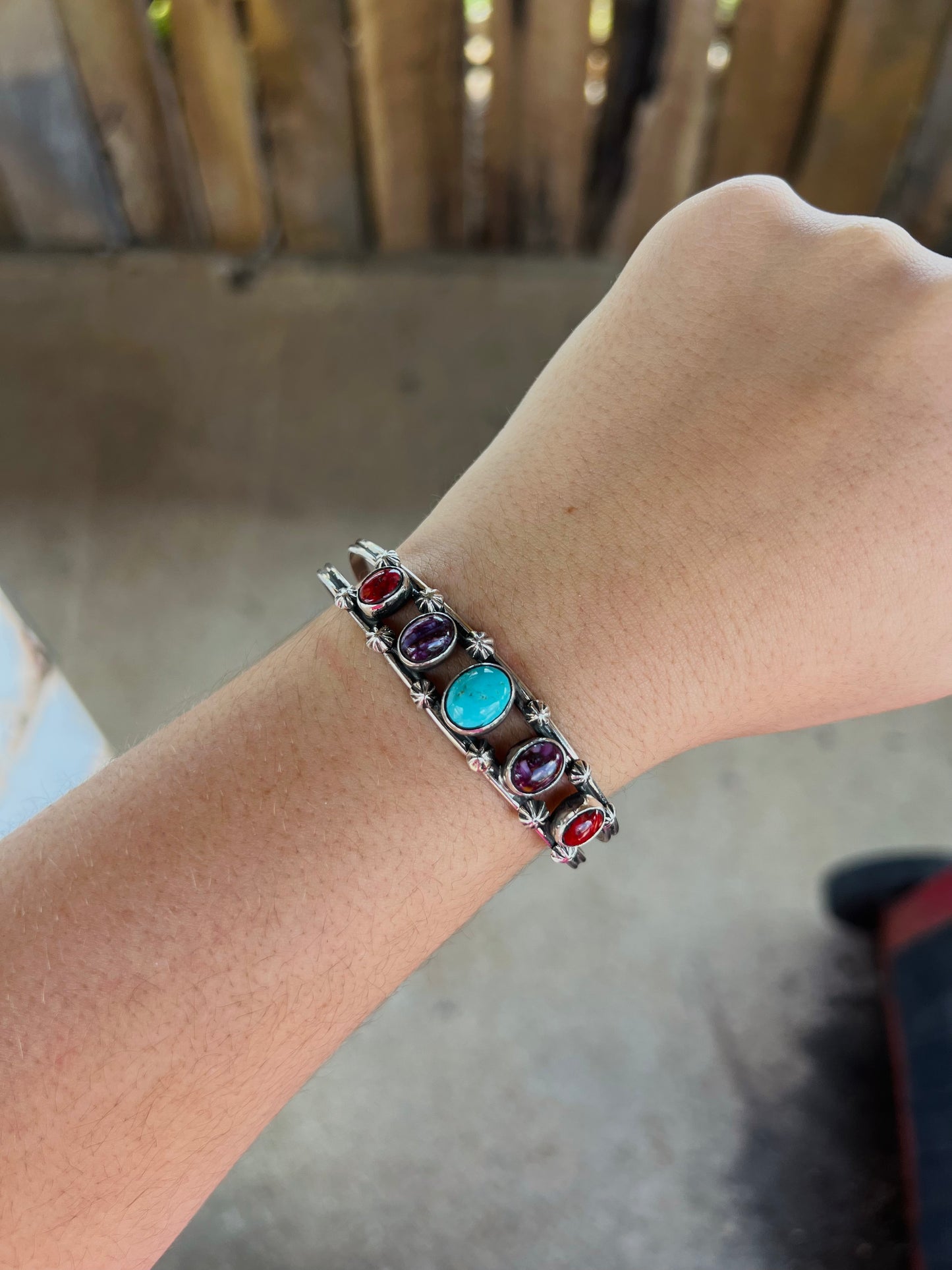 Turquoise, Purple and Red Spiny Oyster Sterling Silver Cuff Bracelet