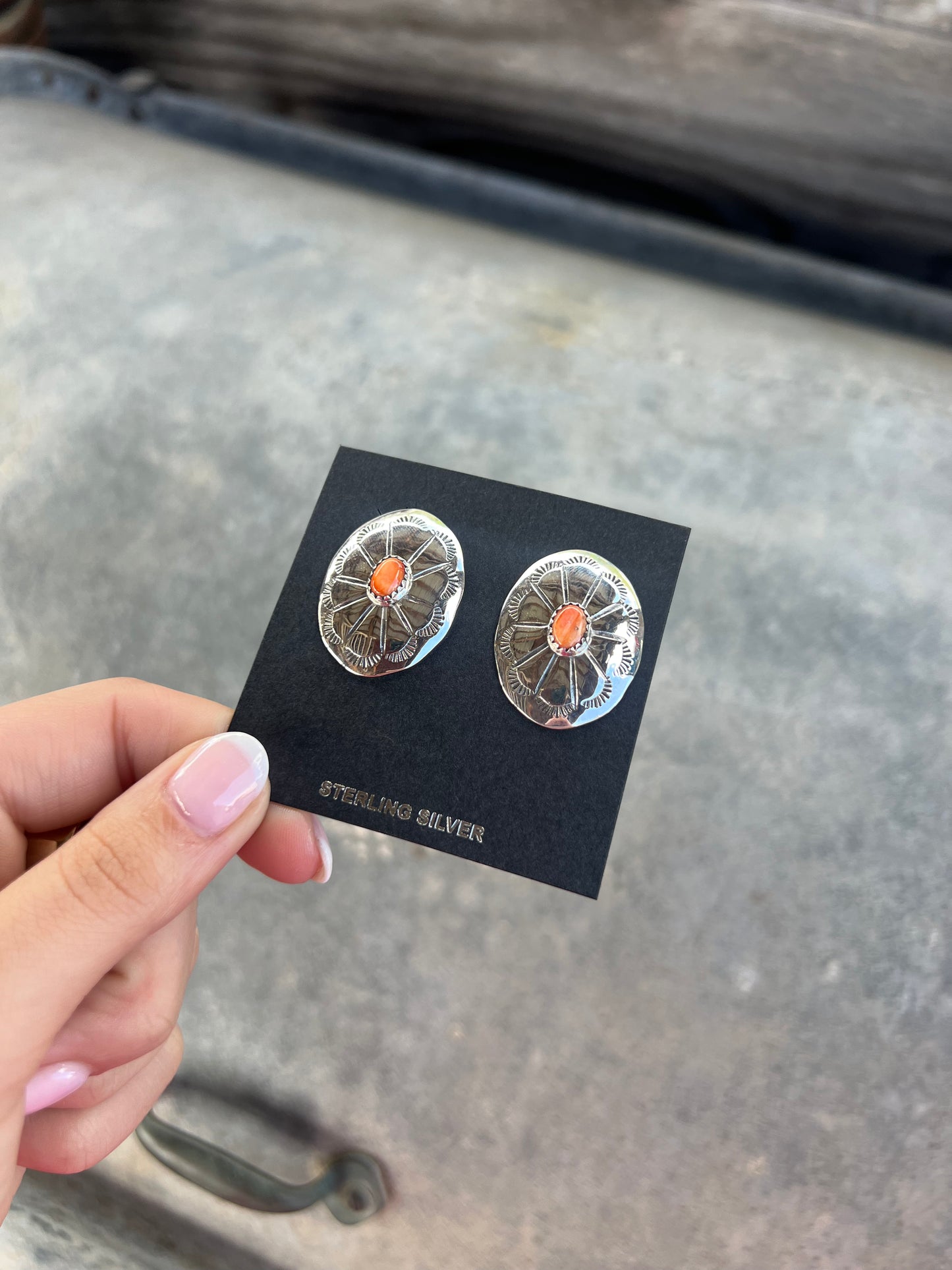 Orange Spiny Oyster Sterling Silver Concho Earrings