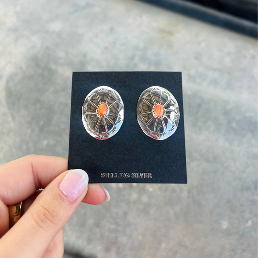 Orange Spiny Oyster Sterling Silver Concho Earrings