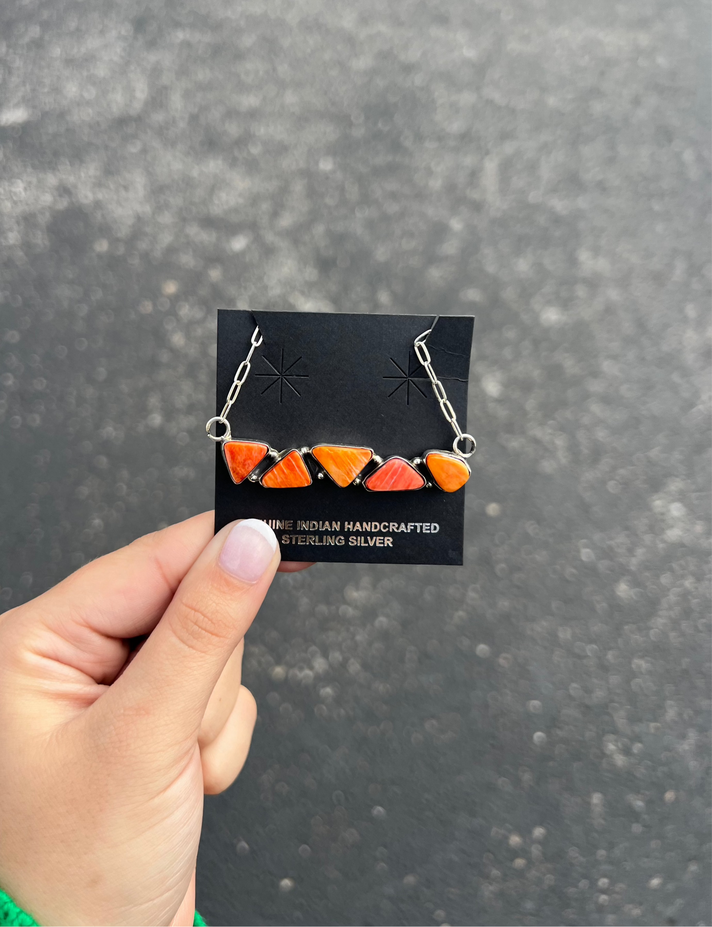 Genuine Orange and Red Spiny Oyster 5 Stone Bar Necklace