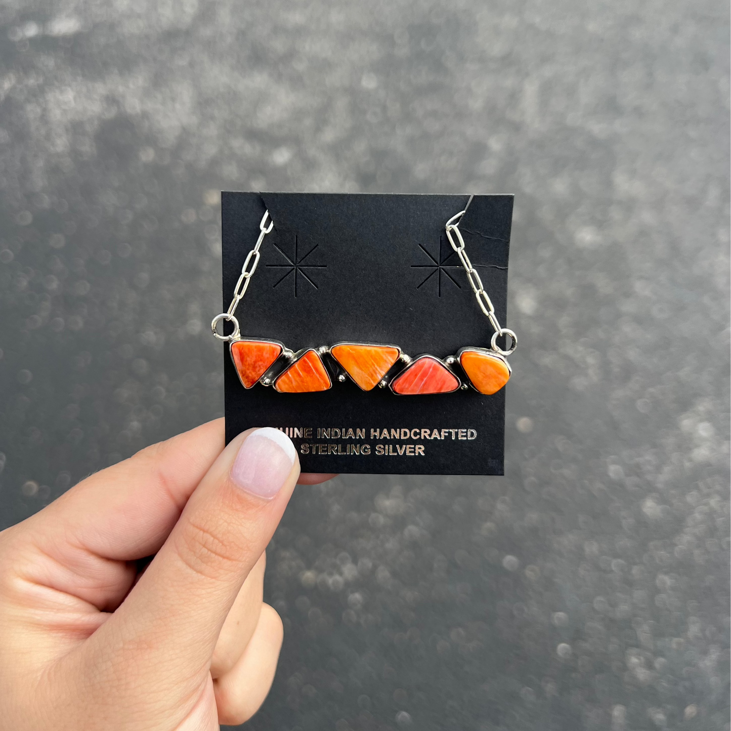 Genuine Orange and Red Spiny Oyster 5 Stone Bar Necklace