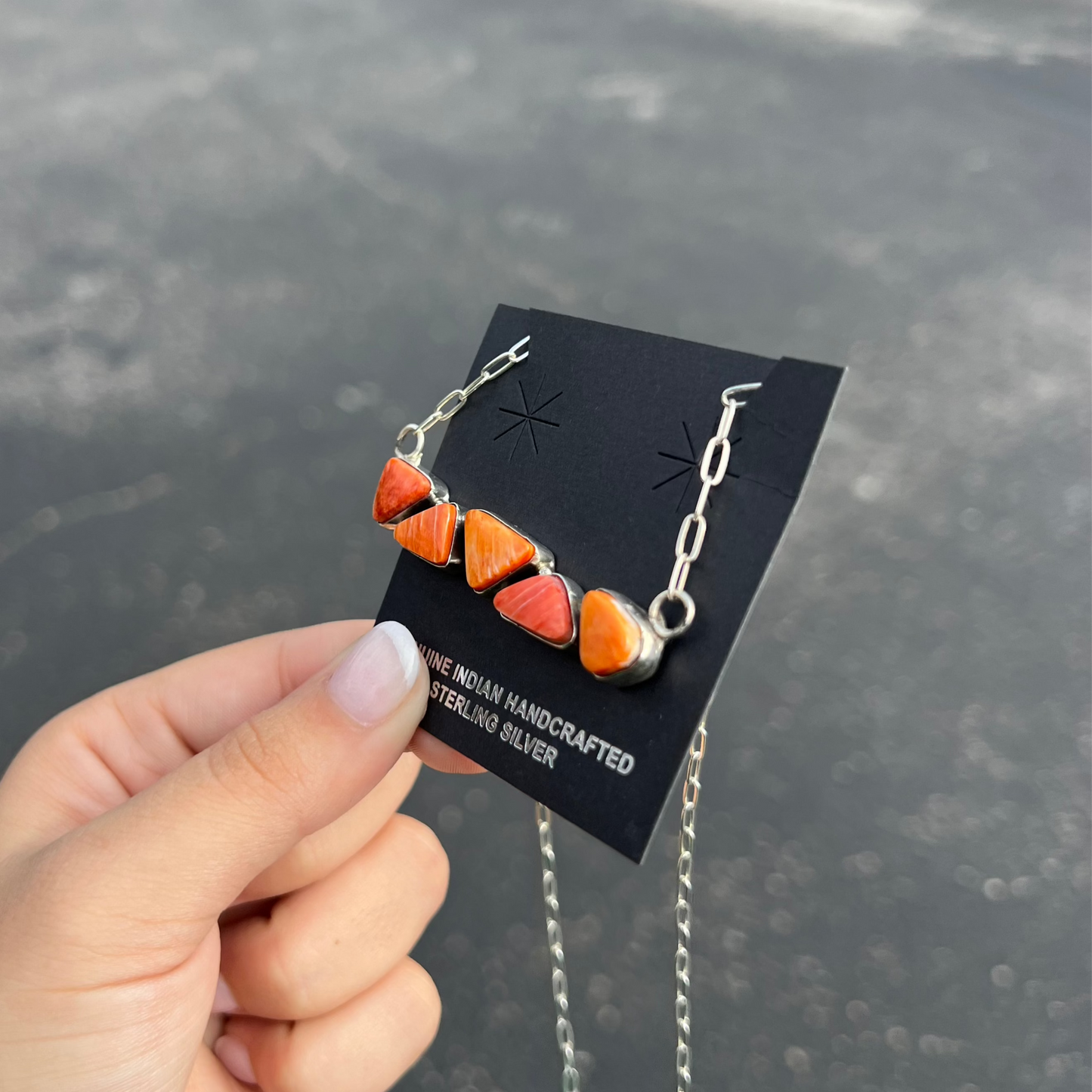 Genuine Orange and Red Spiny Oyster 5 Stone Bar Necklace