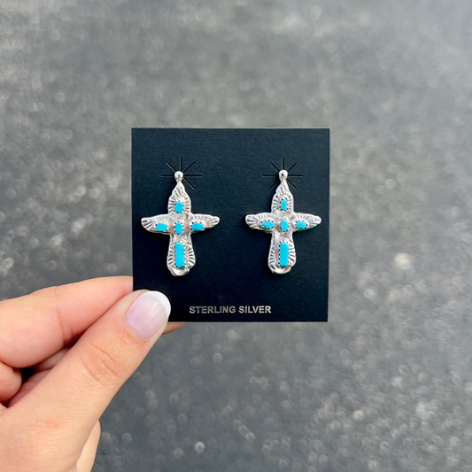 Zuni Genuine Turquoise Sterling Silver Cross Earrings