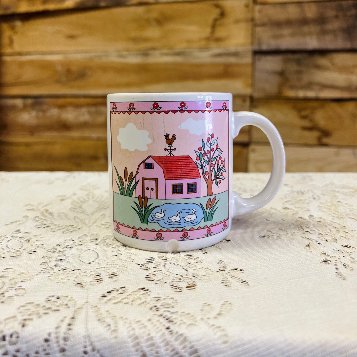 Vintage Barn Scene Ceramic Mug with Flowers and Ducks
