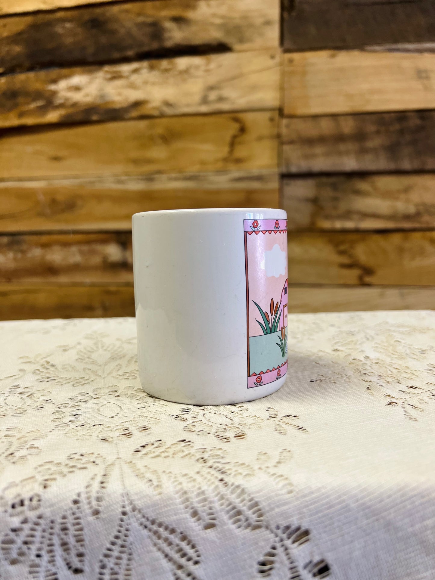 Vintage Barn Scene Ceramic Mug with Flowers and Ducks