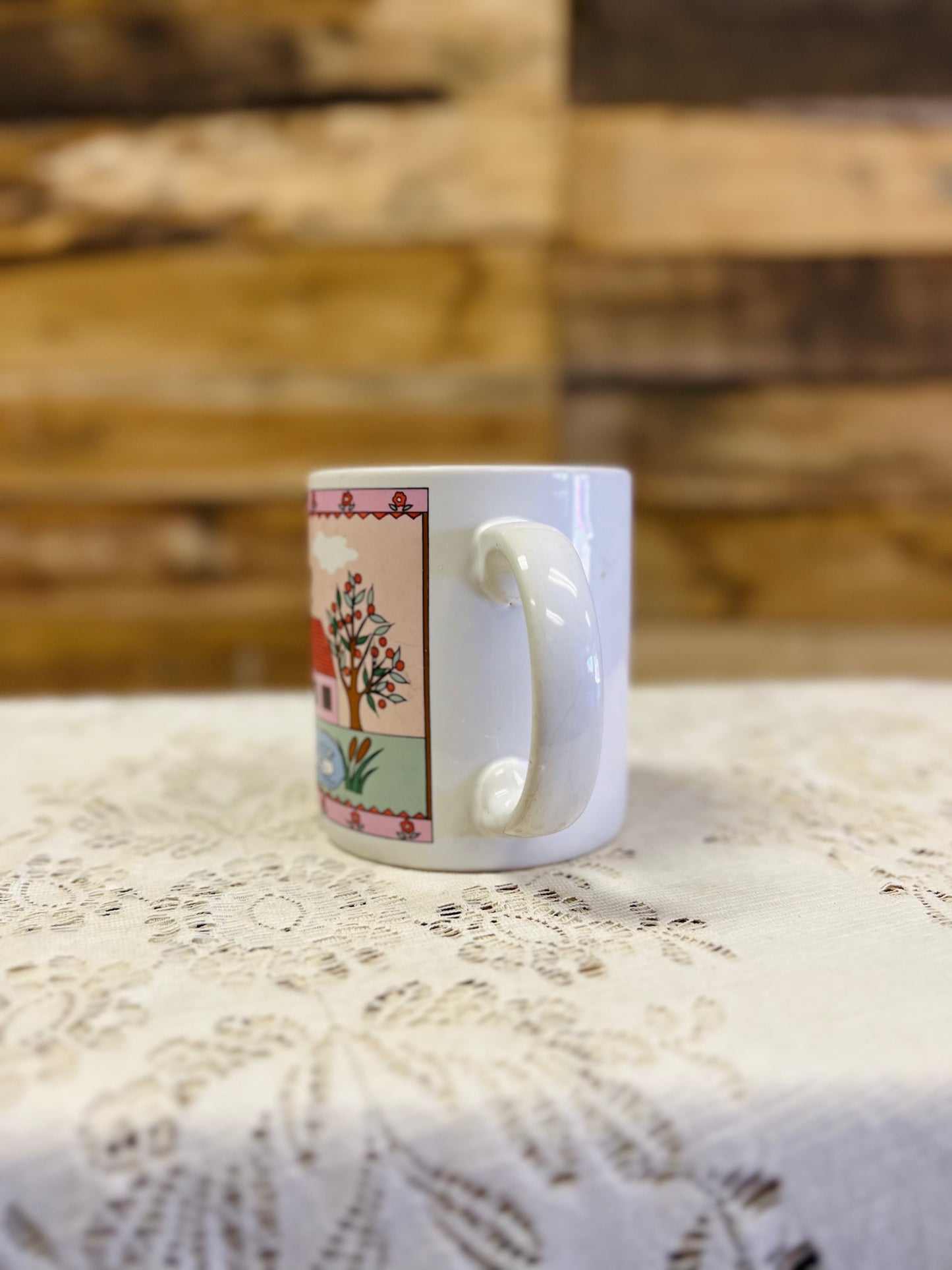 Vintage Barn Scene Ceramic Mug with Flowers and Ducks