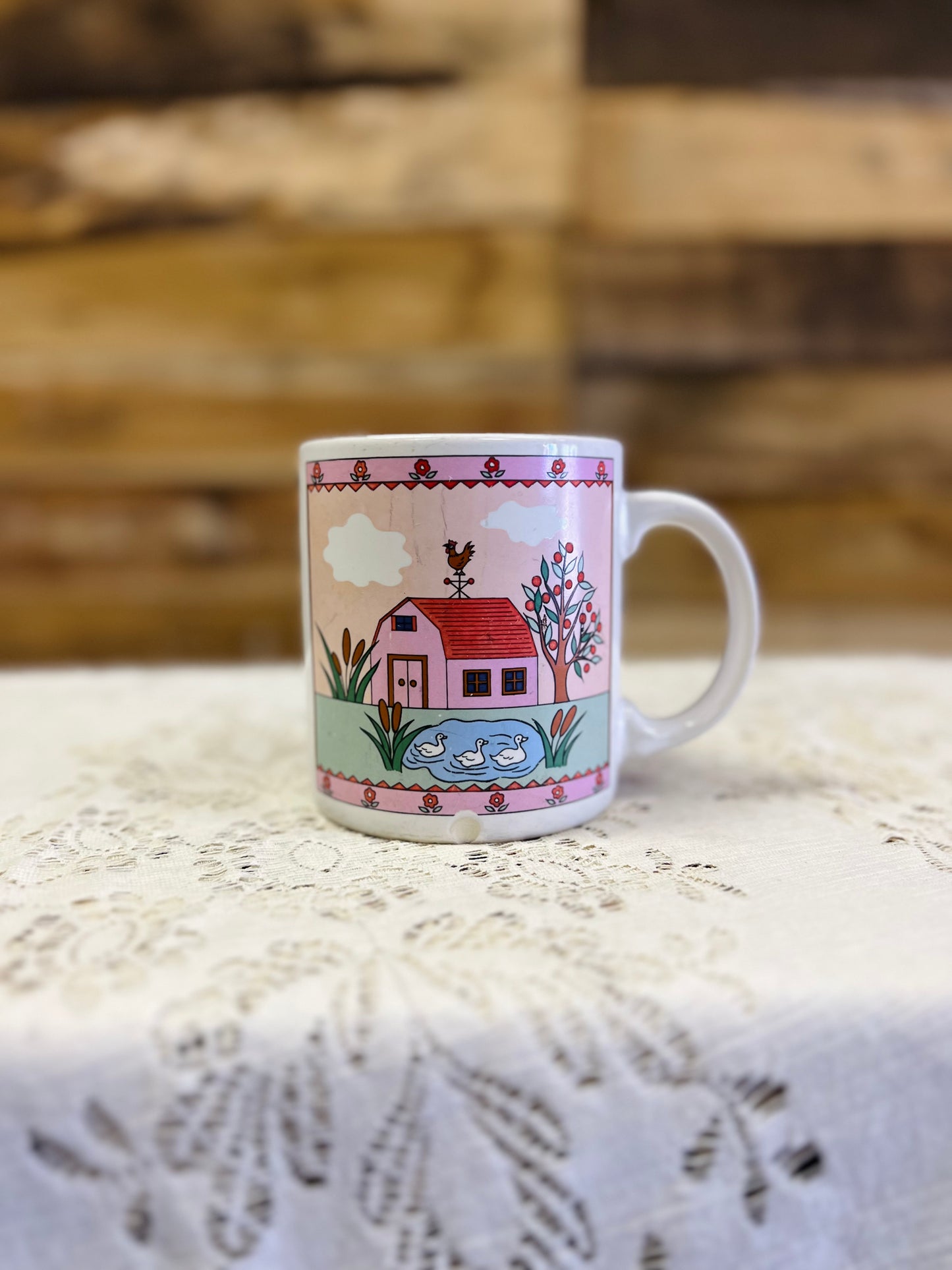 Vintage Barn Scene Ceramic Mug with Flowers and Ducks