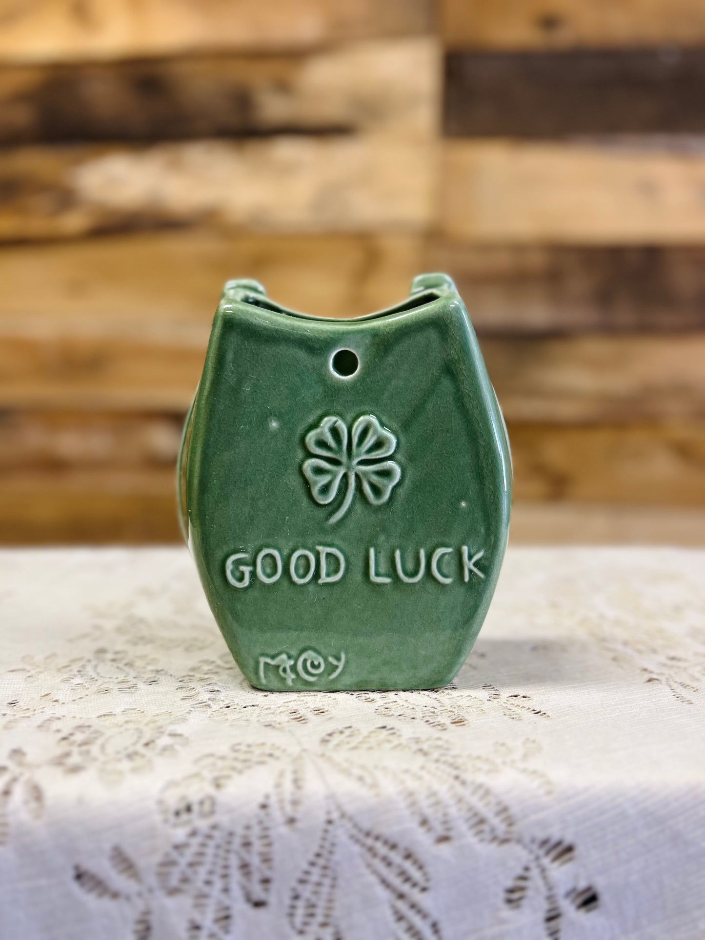 Vintage McCoy Green Horseshoe Good Luck Wall Pocket Planter