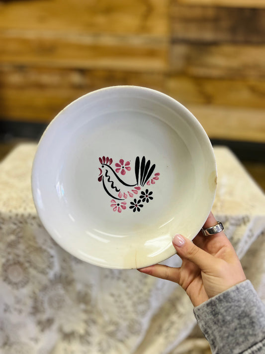Vintage Hand Painted French Chantecler Pink and Black Rooster Bowl