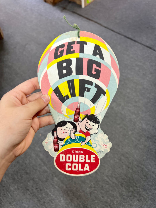 Vintage Get a Big Lift Balloon Double Cola, Cardboard, Fantastic Color, Double Sided Fan Pull, 1950's