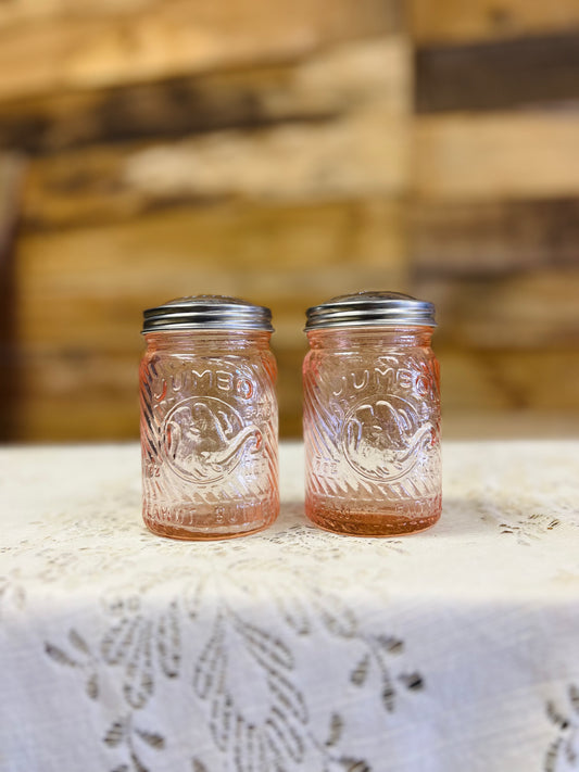 Vintage Pink Glass Jumbo Peanut Butter Salt and Pepper Shakers