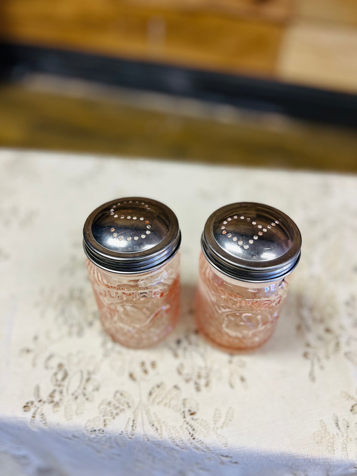 Vintage Pink Glass Jumbo Peanut Butter Salt and Pepper Shakers