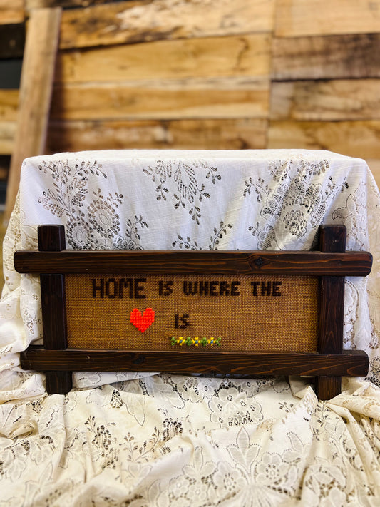 Vintage Wood "Home Is Where The Heart Is" Stitched Framed Print