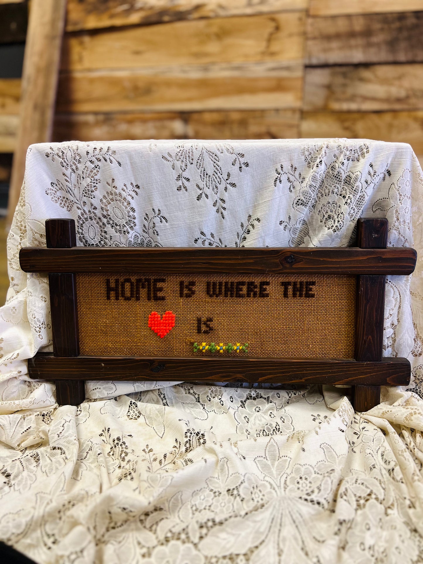 Vintage Wood "Home Is Where The Heart Is" Stitched Framed Print