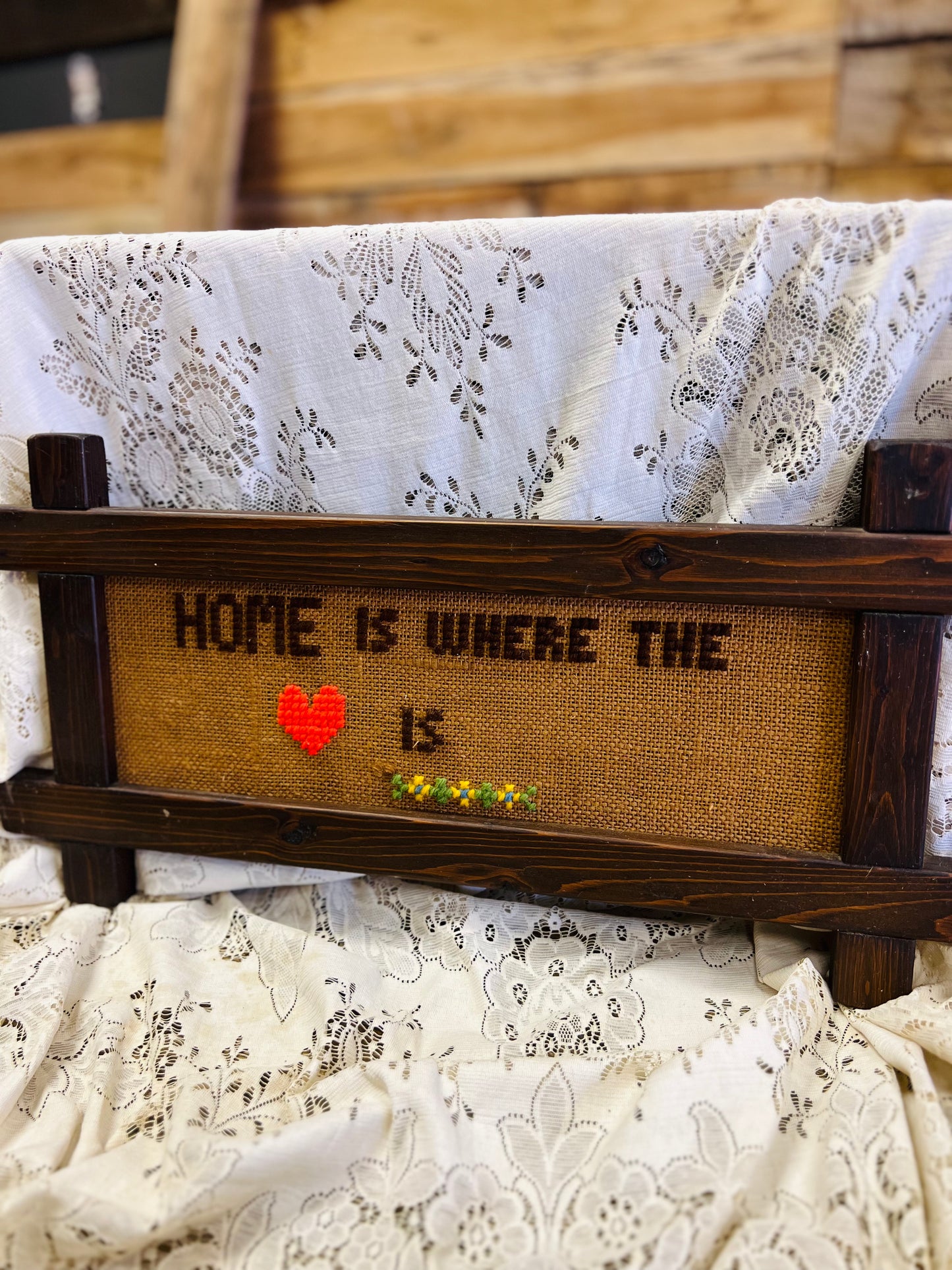 Vintage Wood "Home Is Where The Heart Is" Stitched Framed Print
